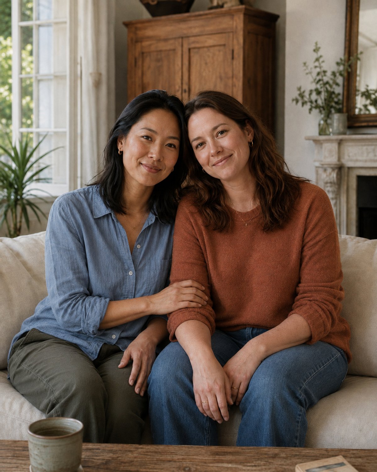 Two women share a warm moment together as a couple at home