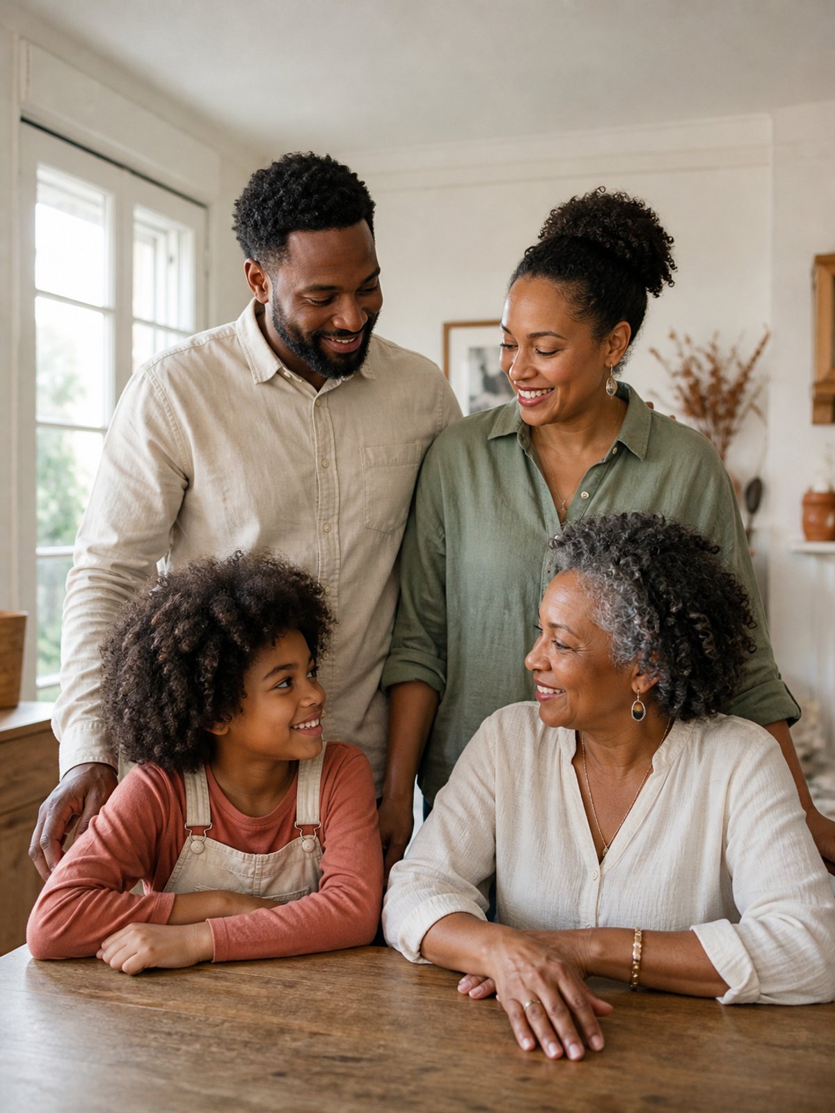 Parents, child and grandmother talk around the family table